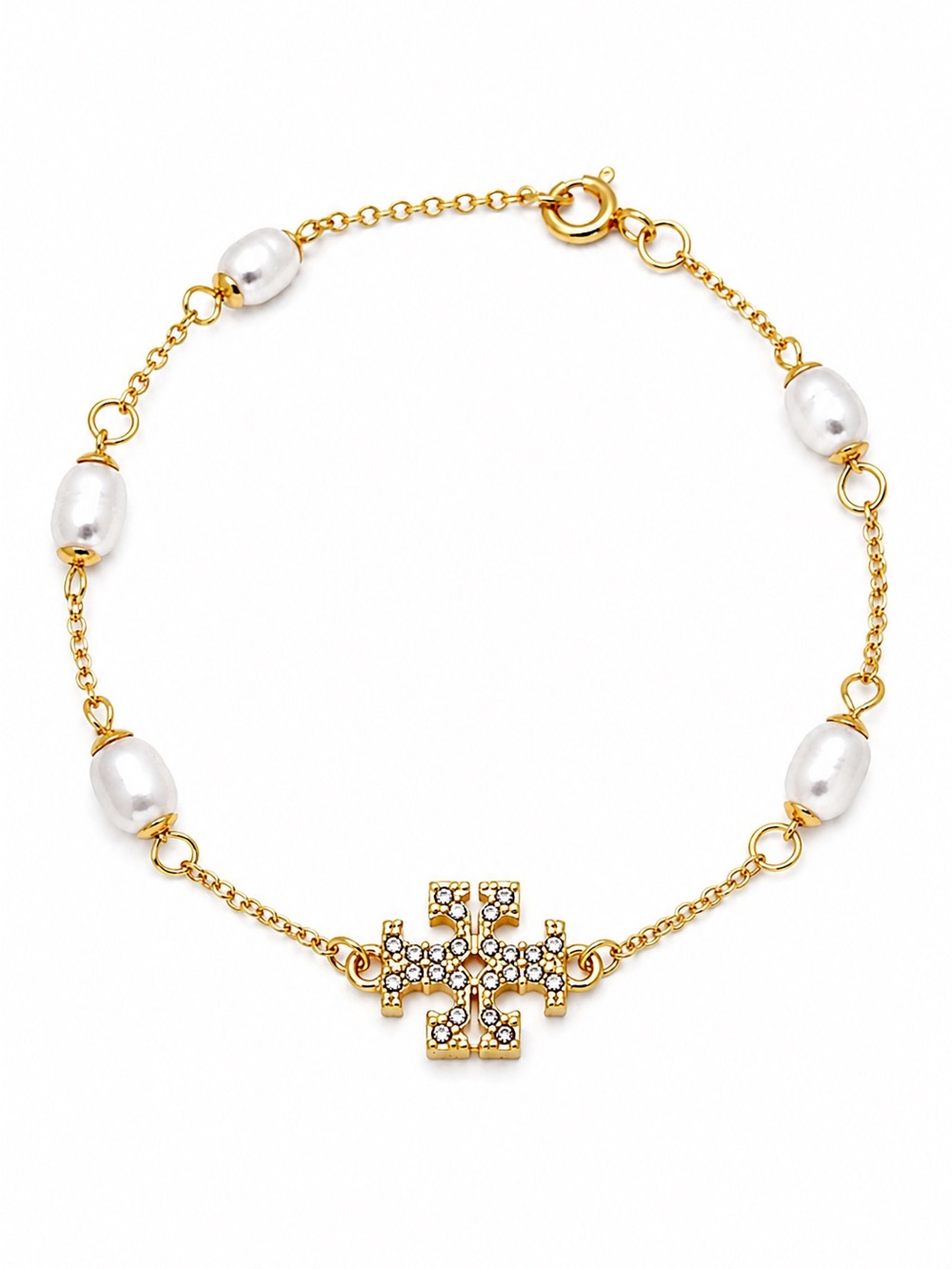 Tory Burch Gold Milgrain Natural Pearl Logo Crystal Bracelet.